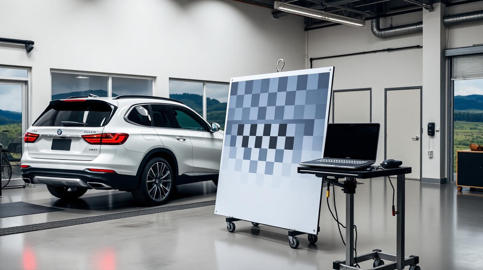 ADAS camera calibration setup with a checkerboard target board positioned in front of a white SUV in a modern auto glass shop