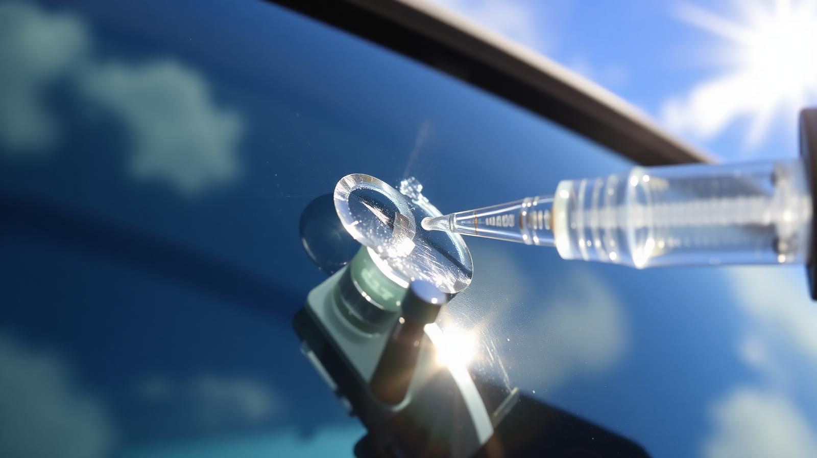 Close-up of a windshield rock chip being repaired with a resin injection tool under a clear blue Florida sky
