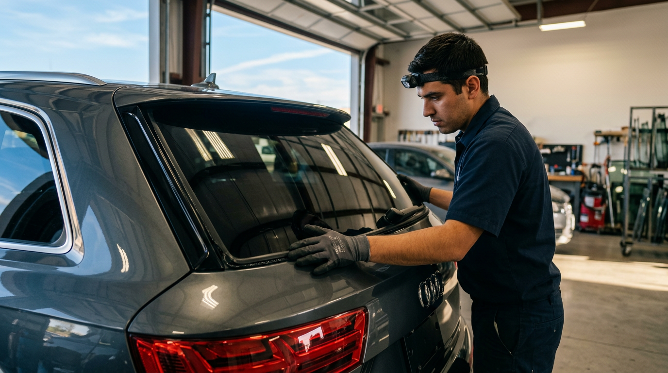 Technician installing a new rear window on an SUV in a clean Orlando auto glass shop