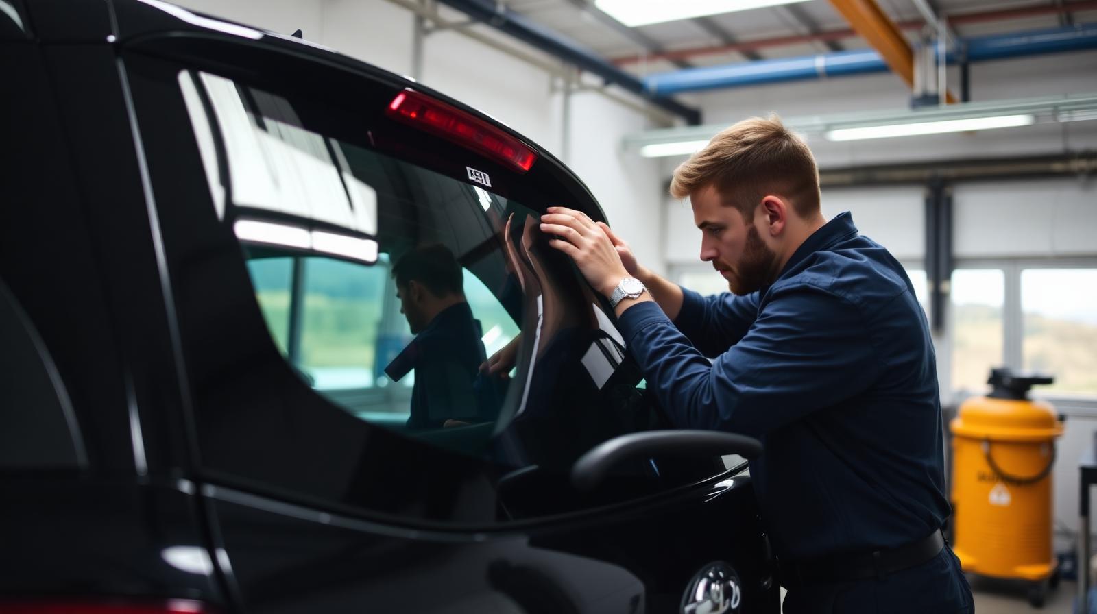Auto glass technician installing a new rear window on a dark SUV inside a clean professional shop