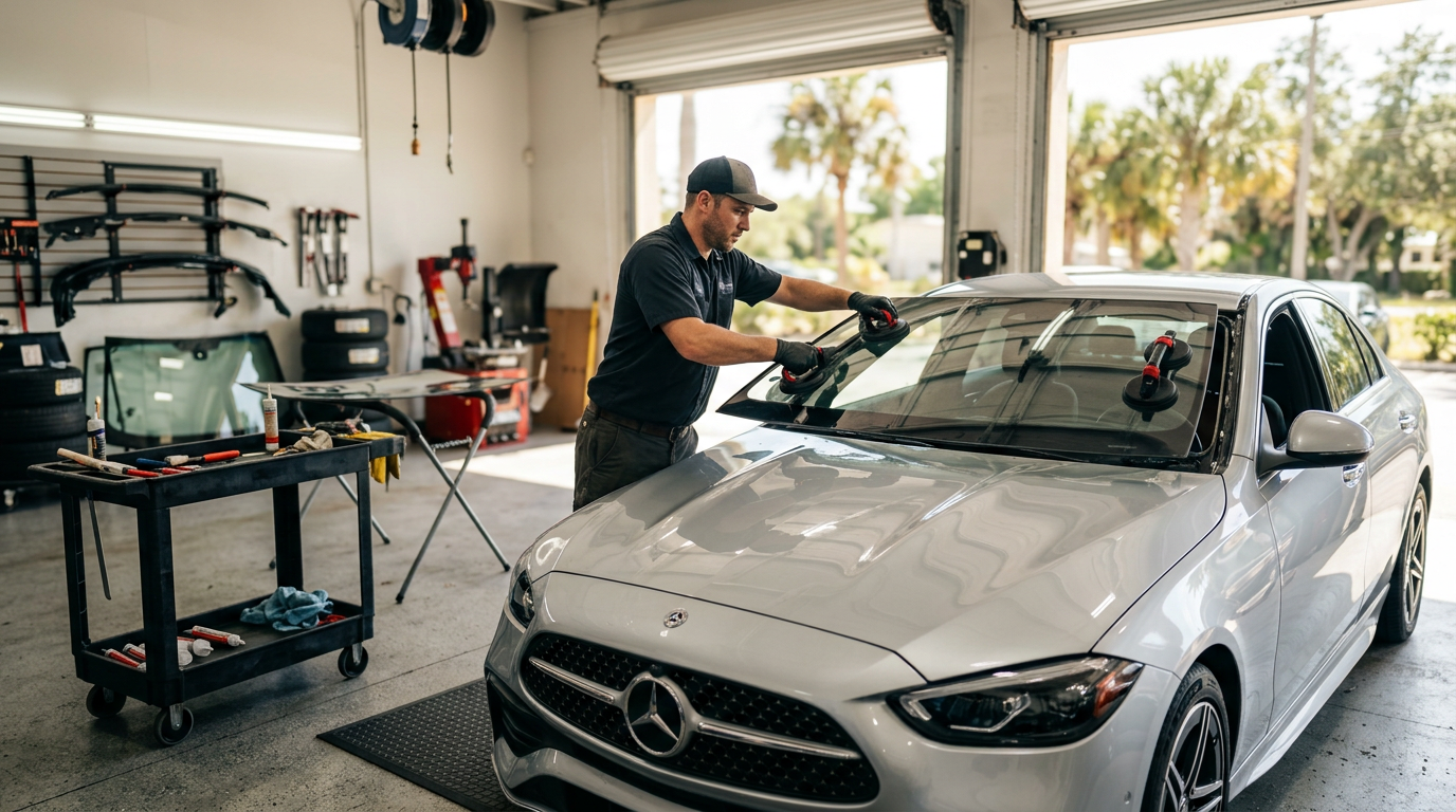 Auto glass technician installing a new windshield on a sedan in Orlando